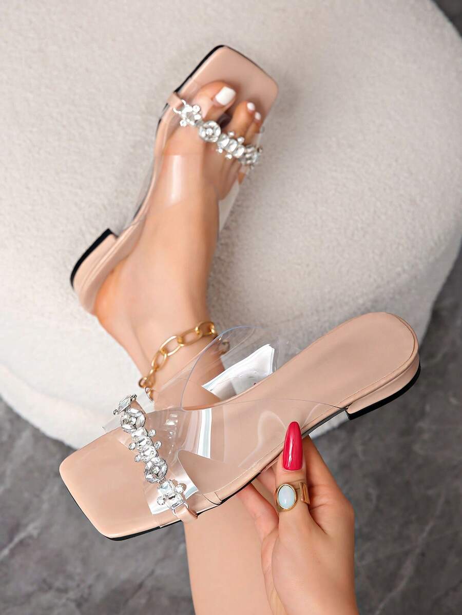 French Retro Open Toe Mule Sandals, Summer Slip-On Sandals, Thick Heel High Heels