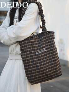 Dedoo New Casual Fashion Plaid Handbag, Pleated Shoulder Strap, Korean Loose Letter Tote Bag, Foldable Large Capacity Shoulder Bag, Suitable For University, Shopping, Travel - Multicolor - View 2