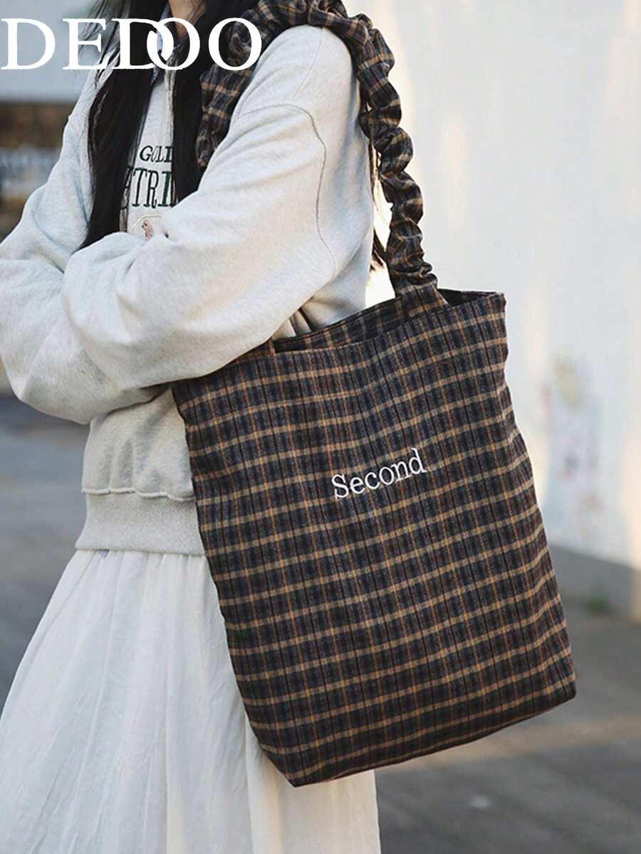 Dedoo New Casual Fashion Plaid Handbag, Pleated Shoulder Strap, Korean Loose Letter Tote Bag, Foldable Large Capacity Shoulder Bag, Suitable For University, Shopping, Travel