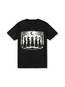 Vintage "Girls Will Always Be Girls" T-Shirt (Witch), Humorous (Witch) T-Shirt, Vintage Halloween T-Shirt For Women, Witchy-Themed T-Shirt - 黑色 - 查看 1