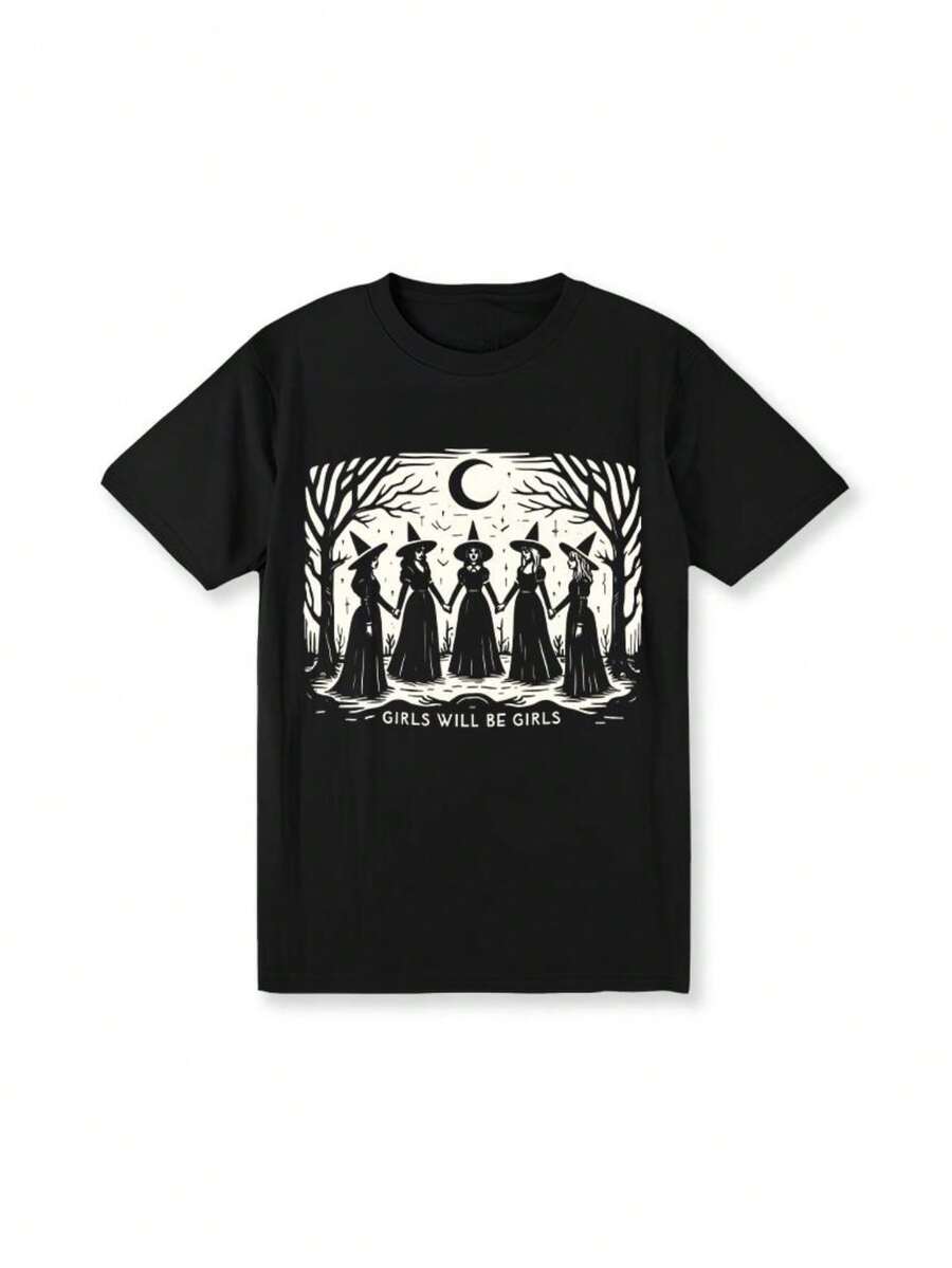 Vintage "Girls Will Always Be Girls" T-Shirt (Witch), Humorous (Witch) T-Shirt, Vintage Halloween T-Shirt For Women, Witchy-Themed T-Shirt - 黑色 - 查看 1