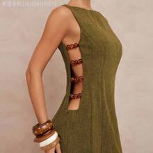 Soqi Women's Clothing  Vestido mini de línea A con cuello en V sin mangas, cintura ceñida, recortes, escote redondo, tirantes con cuentas, recortes laterales, para mujer, para fiesta, vacaciones, playa, boda, ceremonia, estilo bohemio, con detalles de lentejuelas y bordados - Burdeos - Ver 2