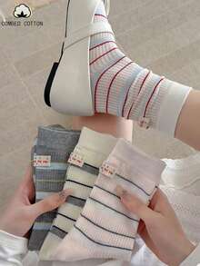 4 pares de calcetines de gato con etiqueta de tela a rayas primavera/verano, calcetines de media pantorrilla para mujer, calcetines deportivos de algodón estilo vintage japonés Ins para parejas - Multicolor - Ver 7