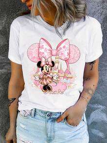 Disney 1件女款短袖T恤，米妮鼠圖案印花，圓領，微彈性 - 白色 - 查看 3