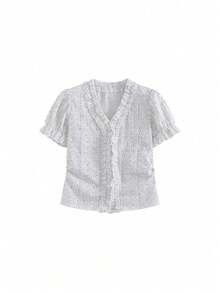 Printed V-Neck Casual Short Blouse For Women Summer - Apricot - View 4