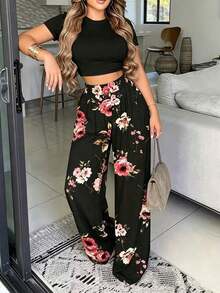 Conjunto de Top corto con estampado floral y pantalones largos con estampado de plantas para mujeres, para primavera/verano - Multicolor - Ver 4