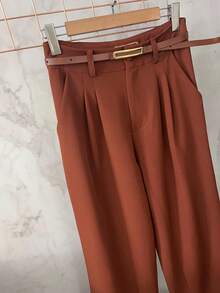 Women's Set: Summer Sleeveless Solid Color Round Neck Top And Wide Leg Pants With Belt And Bag - Camel - View 9