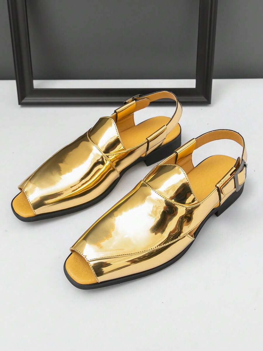 2026 Summer New Men's Peep-Toe Sandals, Slip-On Loafers, Casual Solid Color Comfortable Retro Low-Top Shoes, Suitable For Hosts, Graduation, Weddings - Gold - View 1