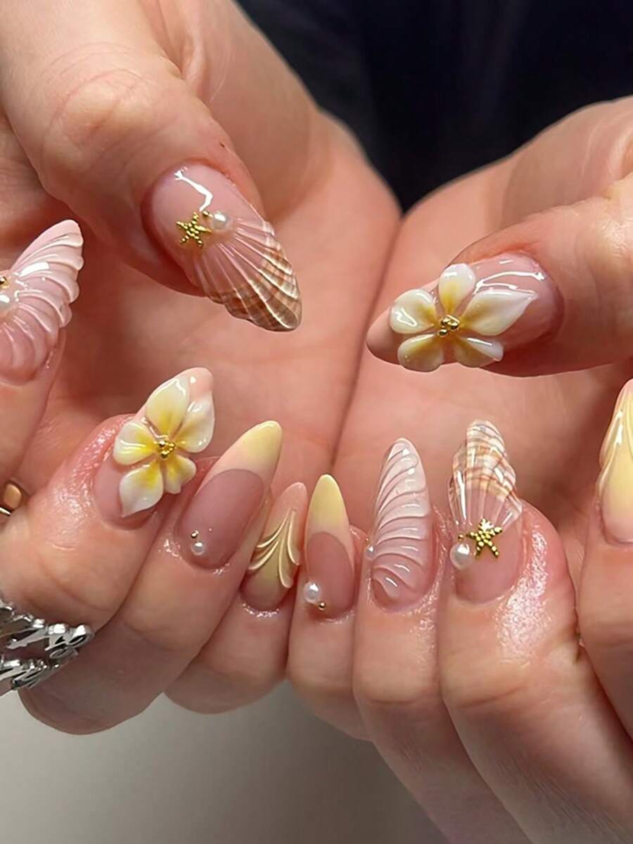 1盒24片中號杏仁形美甲貼片，白色底色搭配柔粉色花卉圖案，優雅穿戴式美甲套組，逼真花朵裝飾，適合所有女性，完美適用於日常、節日與派對場合，提升指尖美感，美甲藝術用品 - 彩色 - 查看 1