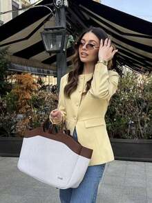 GDDYIN Chaqueta blazer de cuello redondo y cintura para mujer, nueva, elegante, casual y de oficina, para primavera - Amarillo - Ver 8