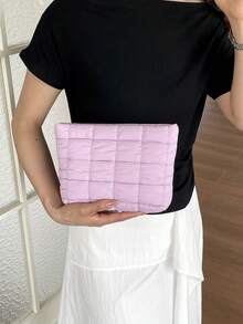 春夏新款绗缝格纹加厚化妆包，休闲手拿包，保暖羽绒小包 - 粉色 - 查看 9