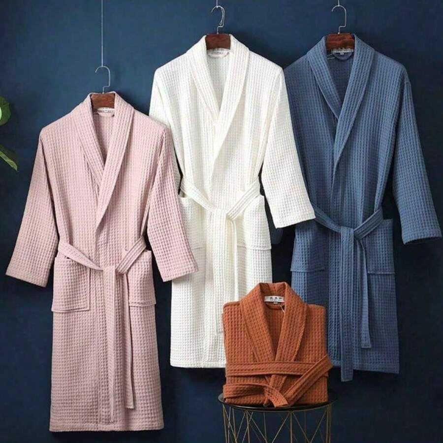 1件华夫格纹理七分袖浴袍,男女通用成人和服浴袍,春夏浴衣,适合酒店/水疗中心,吸水速干,宽松版型,多色可选,浴室及家居必备品 - 彩色 - 查看 1