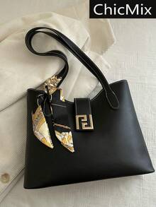 1pc PU Shoulder Tote Bag With Scarf Decor, Large Capacity, Lightweight And Versatile, Suitable For Commuting - Black - View 1