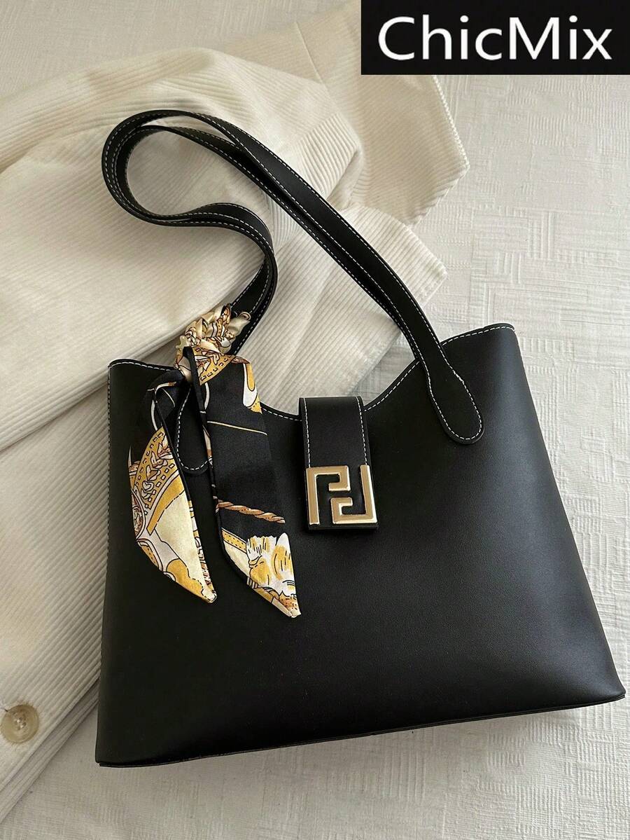 1pc PU Shoulder Tote Bag With Scarf Decor, Large Capacity, Lightweight And Versatile, Suitable For Commuting - Black - View 1