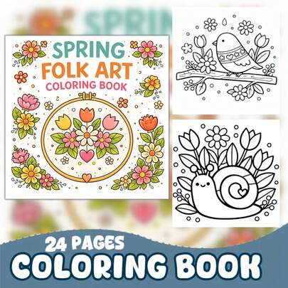 Livro de Colorir de Arte Popular Primavera com 24 Páginas, Cores Vibrantes, Padrões Florais e de Animais Simples, Fácil de Usar, Experiência de Colorir Agradável. Presente Ideal para o Dia dos Namorados, Dia das Mães, Natal, Halloween, para Família e Amigos