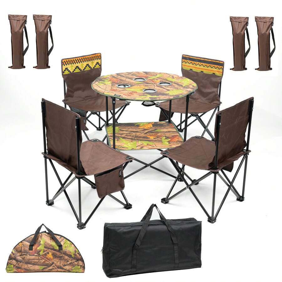 Crystals 5Pc Foldable Camping Table & Chair Set - Brown - View 1