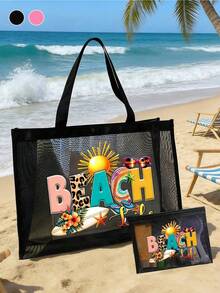 1件/2件大容量網格托特包字母裝飾與化妝包套組，聚酯纖維網格旅行收納袋，適用海灘度假購物 - 彩色 - 查看 4