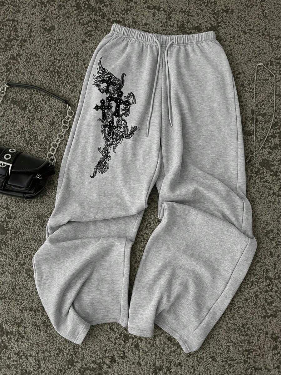 Casual Vintage Punk Y2K Versatile Party Airport , Black Cross Floral Print Pattern, Comfortable Warm Women Front Tie Loose Straight Leg Sweatpants, Suitable For Autumn/Winter - Gris Claro - Ver 1