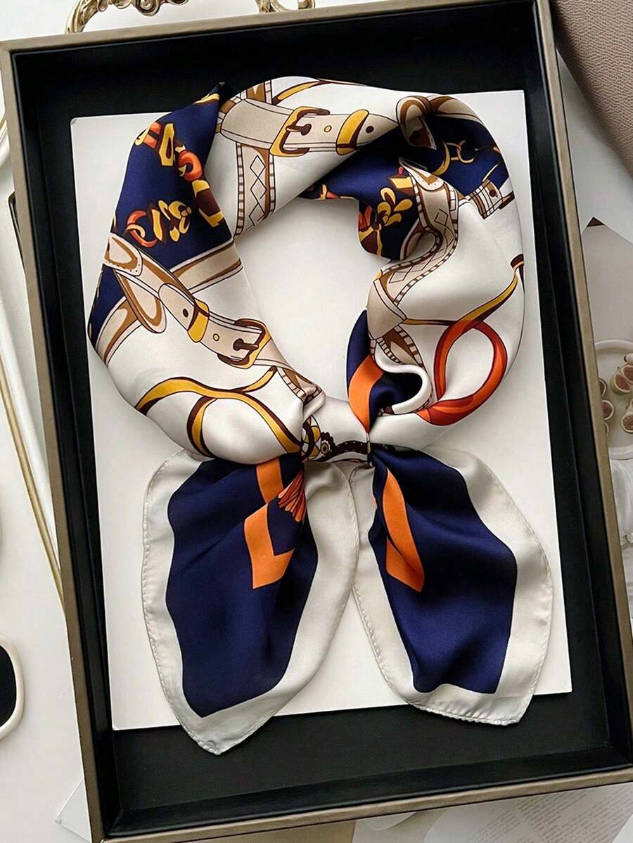 1件女款幾何鏈條與花卉印花方巾圍巾,百搭日常穿搭 - 彩色 - 查看 1