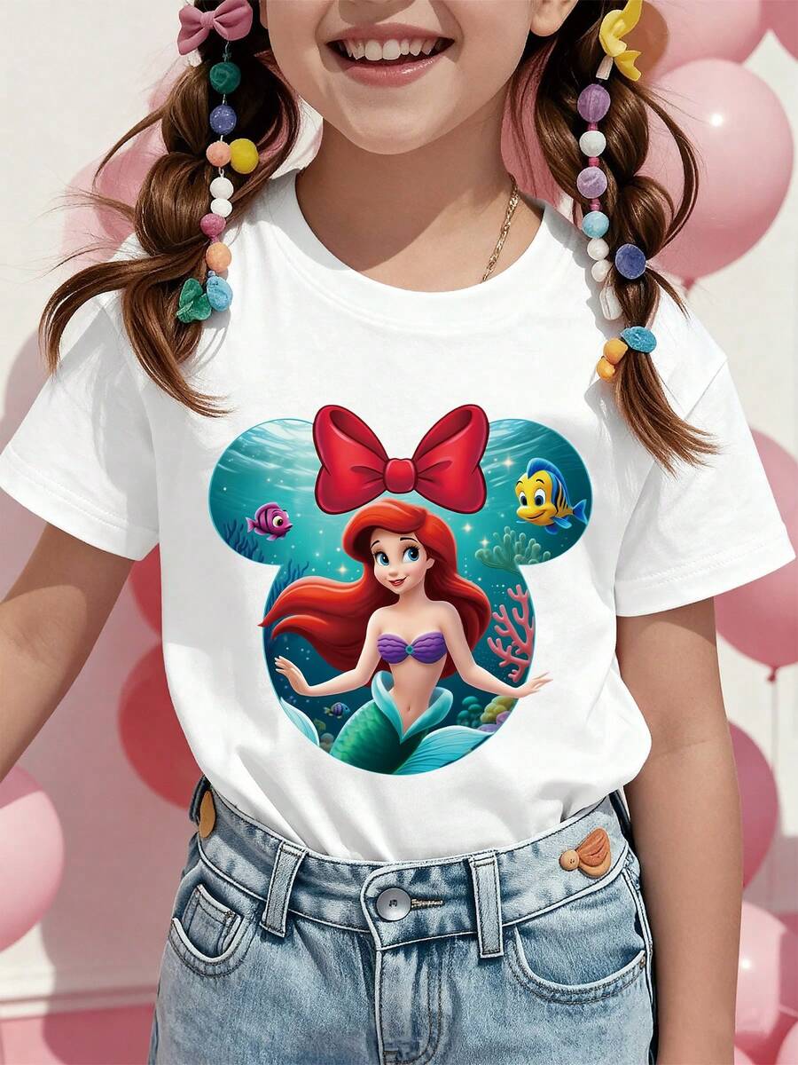 Disney The Li Ttle Mermaid Ariel With Red Bow And Underwater Scene Printed Pattern T-Shirts For Girls - Children's Clothing Design Short-Sleeved Casual And Cute Style Comfortable And Casual Wear All Year Round Suitable For Parties And Play Machine Washable - Gift Children's Clothing Girls' Short-Sleeved Shirts - 白色 - 查看 1