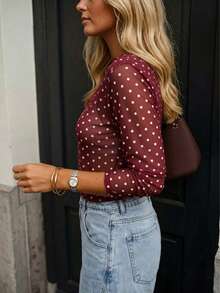 Women's New Polka Dot Sheer Mesh Long Sleeve Crop Top Casual Vacation - Red - View 3