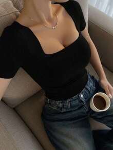 Blusa de manga corta y cuello redondo casual y elegante, adecuada para uso diario, ir al trabajo y salir, color negro para primavera/verano - Rosa - Ver 11