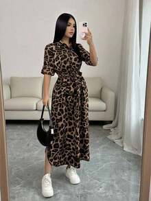 Vestido camisero de mujer con estampado de leopardo y flores, con lazo, abertura, manga larga convertible a manga corta - Gris Claro - Ver 10