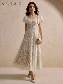ALIAO Vestido de mujer de otoño con encaje de cachemira transparente y tirantes de espagueti, vestido formal de estilo vintage de corte para boda, fiesta, vestido femenino elegante de verano - Albaricoque - Ver 5