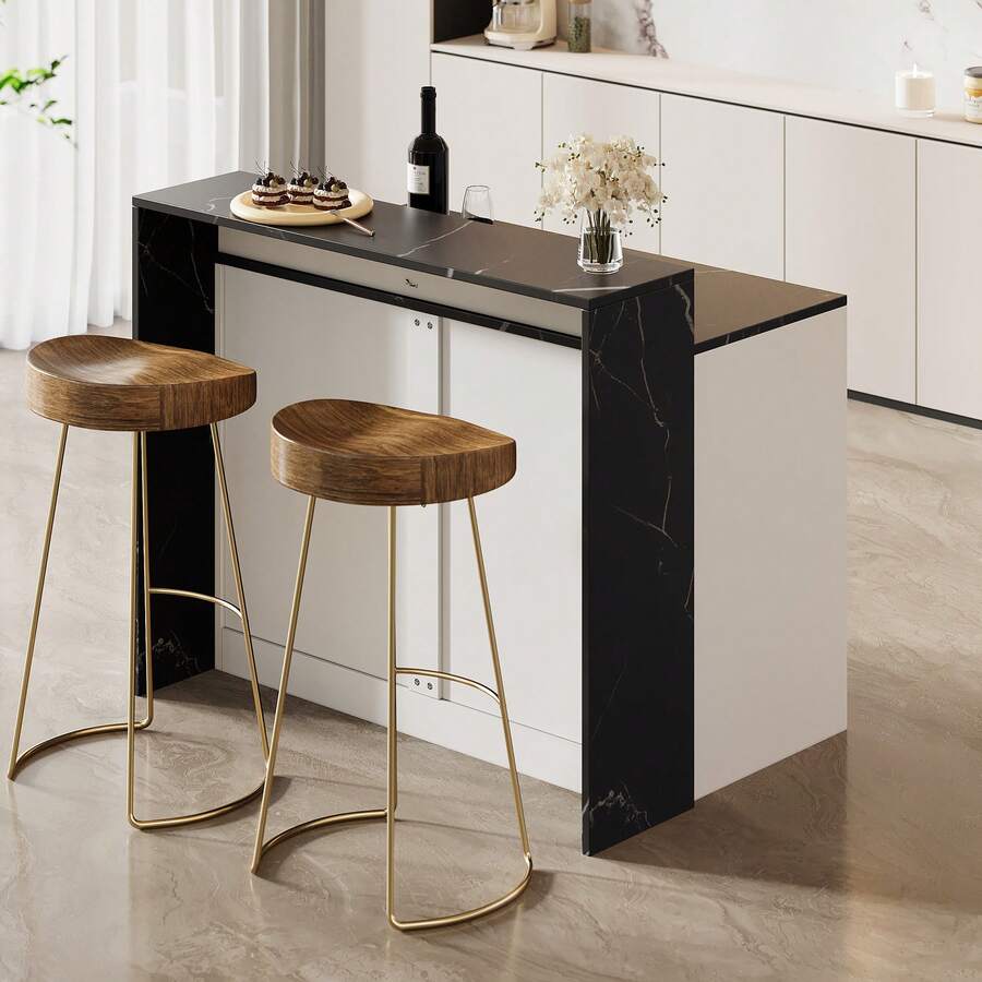 Kitchen Island With Bar Counter, Multifunctional Kitchen Table With Pet Resting Area, For Kitchen And Dining Room, White And Black Marble Look, 120 * 80 * 100 Cm - White+Black - View 1