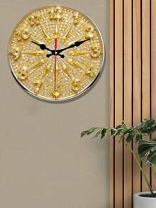1pc 2D Flat Gold Sparkling Diamond Theme Wooden Wall Clock, Silent Decorative Clock, Creative Wall Clock Suitable For Bedroom, Living Room And Office Decor, Batteries Not Included, 2D Flat - Multicolor - View 8