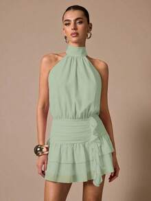 Vestido corto sin mangas con volantes en el bajo, de unicolor. Vestido elegante, dulce y lindo, adecuado para citas románticas, fiestas, reuniones formales, vestidos de dama de honor, vestidos de verano, vestidos de té, Año Nuevo, Día de San Valentín, vestido de cumpleaños, vestido rosa - verde menta - Ver 7