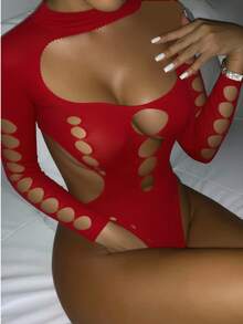 Conjunto de Lingerie/Fantasia de Role Play, Camisete, Macacão de Rede, Macacão de Lingerie de Rede Elástica, Maiô Bikini para Mulheres e Meninas - Vermelho - Visão 2