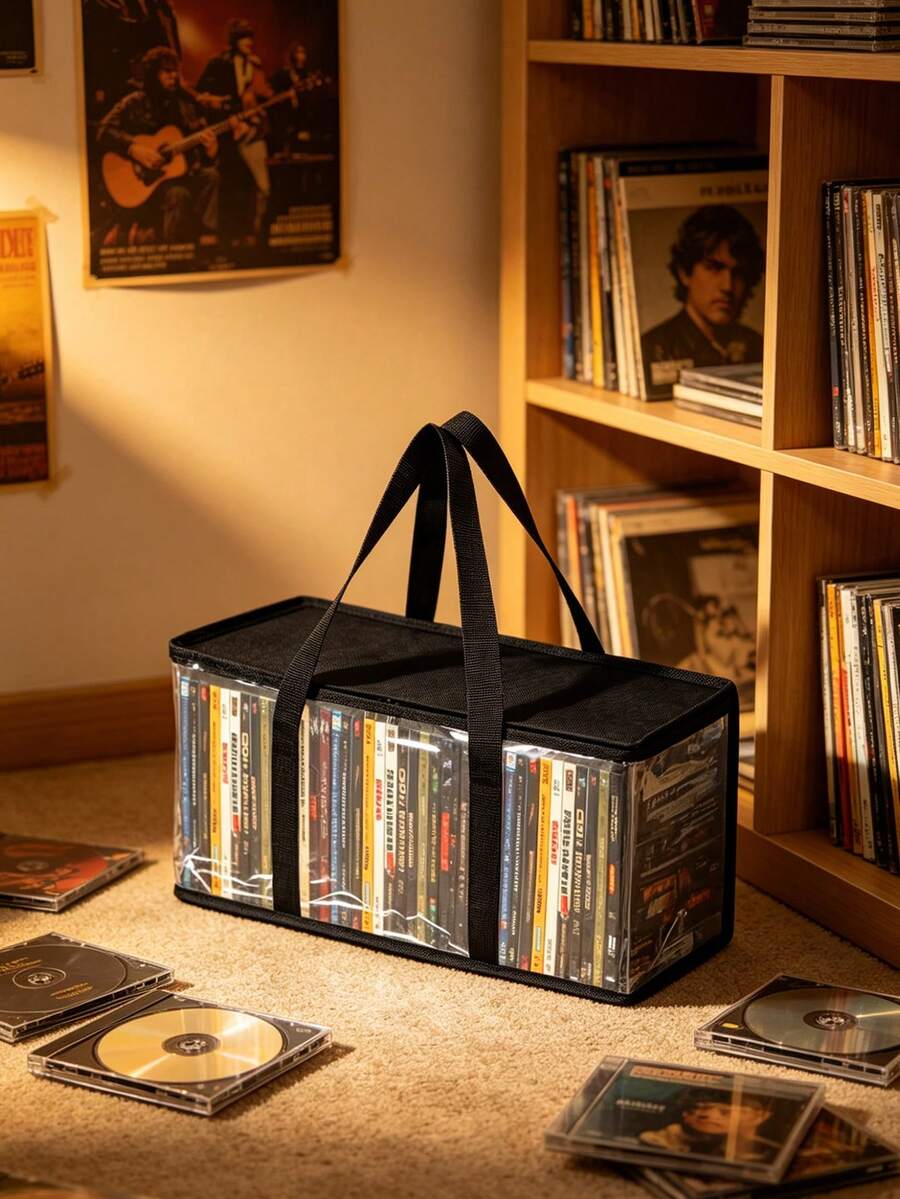 1pc Foldable CD DVD Organizer, 1Pc Clear Disc Storage Bag With Reinforced Handle For Media, Books, Files, Closet & Shelf - Black - View 1