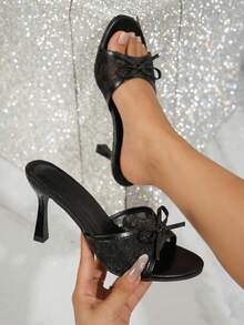 Sandalias de tacón alto de malla negra para mujer con decoración de lazo, tacones de aguja, nuevo estilo de primavera/verano, moda elegante minimalista y sexy, adecuadas para el uso diario en la oficina, banquetes y fiestas - Negro - Ver 3