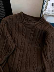 秋冬刺繡圓領麻花針織毛衣，女款寬鬆版型針織開襟外套 - 棕色 - 查看 3