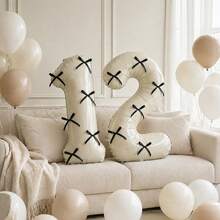 1pc Ivory Foil Number Balloon With 6pcs Black Bow Stickers, Suitable For Birthday Party, Anniversary Decoration, Baby Shower - View 3
