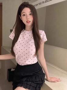 Yorily 夏季韓式圓領修身休閒短袖波點T恤，度假隨性風格 - 淺粉色 - 查看 3