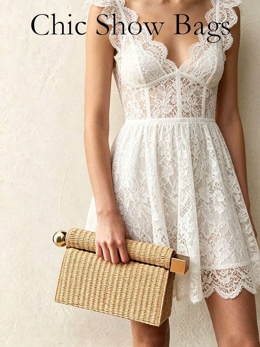 Túi xách cầm tay bằng rơm xoắn thời trang nữ, túi xách dự tiệc dệt kiểu dáng nghỉ hè, túi xách nắp gập khóa kim loại tối giản. - Màu Khaki - Xem 1