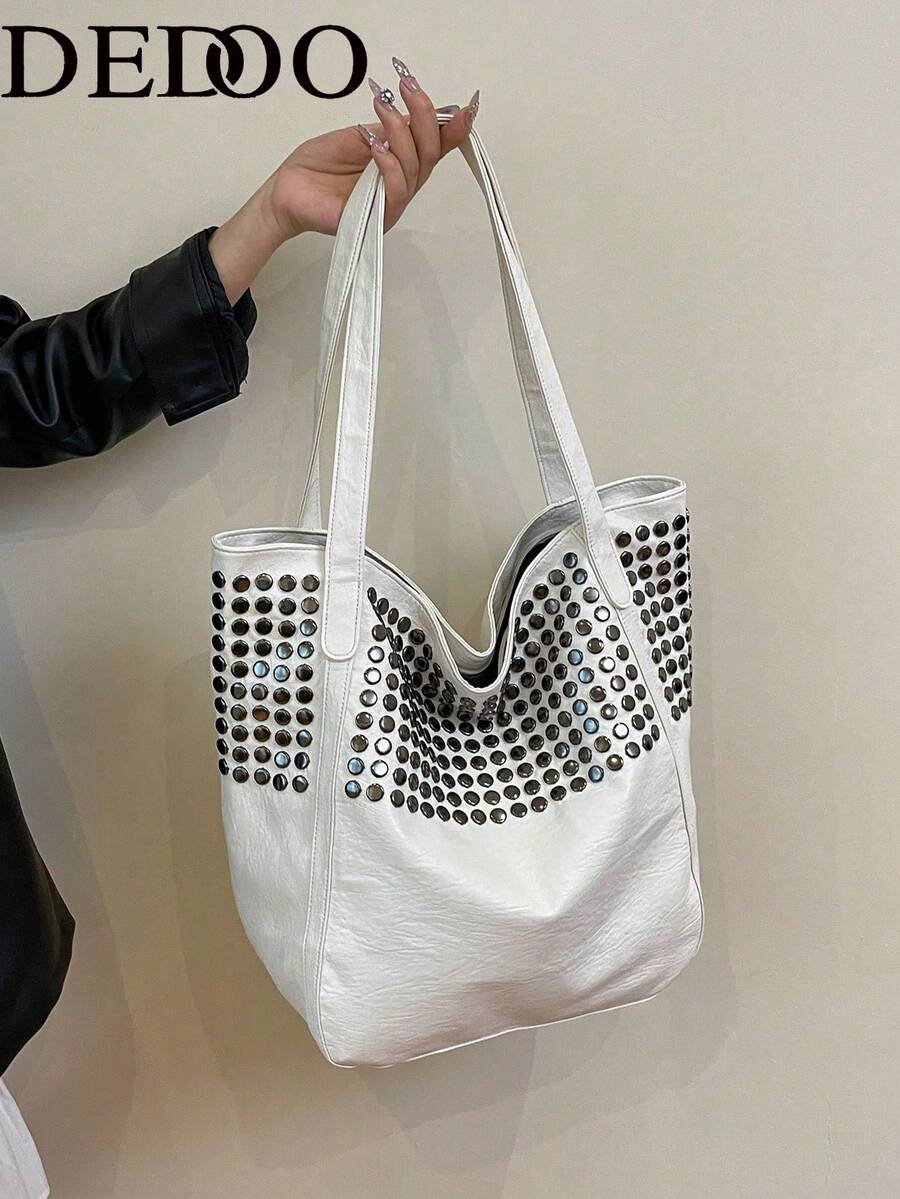 Dedoo 新款多功能托特包，鉚釘大容量女款單肩斜挎包，亮面質感，適合上班、購物、旅行
