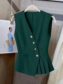 Chaleco asimétrico de mujer con cuello en V con botones, plisado, de unicolor elegante y romántico, moda de viaje para el Día de San Valentín - Verde - Ver 1