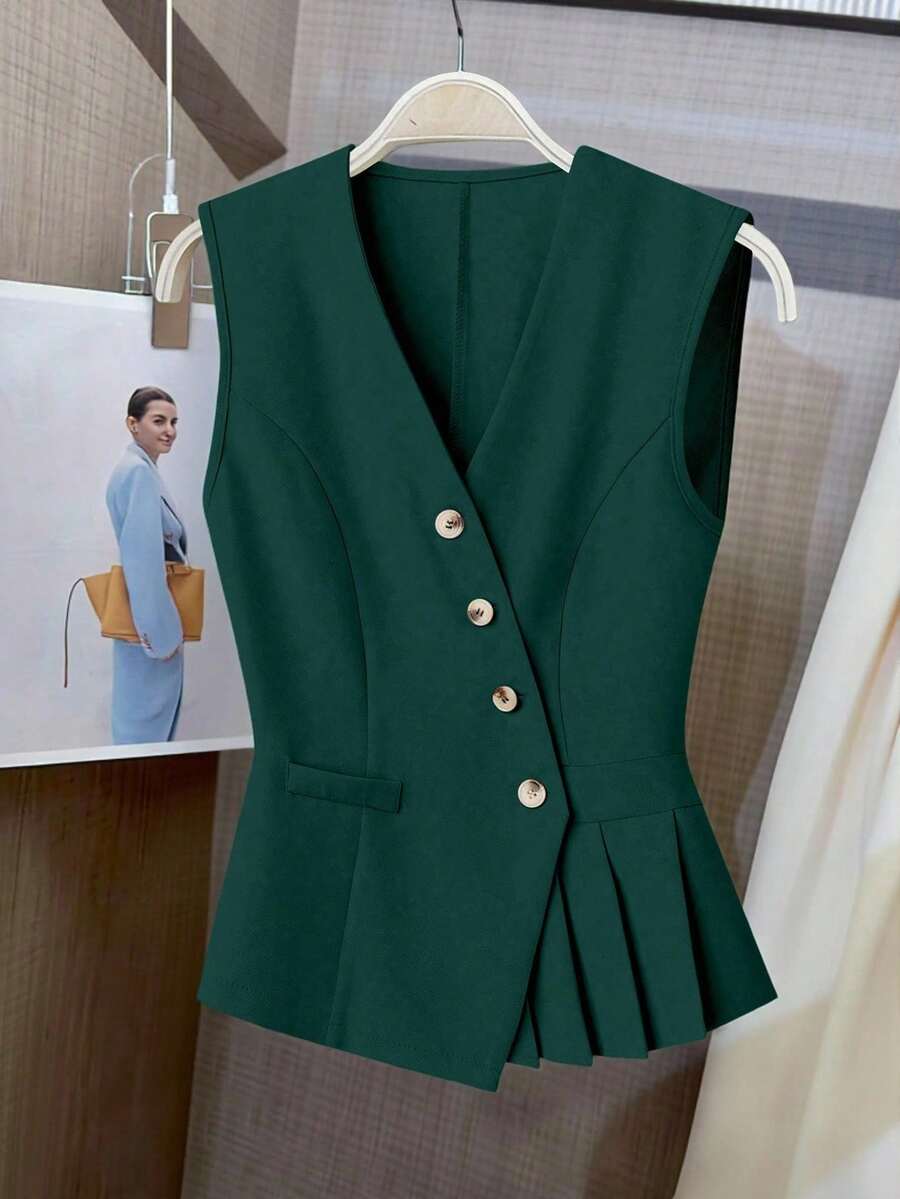 Chaleco asimétrico de mujer con cuello en V con botones, plisado, de unicolor elegante y romántico, moda de viaje para el Día de San Valentín - Verde - Ver 1