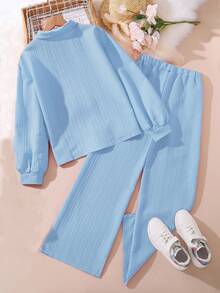 Left Mama Set de 2 piezas con camisa de manga larga con cuello y pantalones largos, nuevo otoño para niña preadolescente - Neblina azul - Ver 2