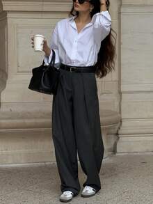 Pantalones de traje de mujer de cintura alta con pliegues y pierna ancha para todas las estaciones, con cinturón, ajuste drapeado, adecuados para oficina, negocios, desplazamientos, uso diario, compras, viajes por la ciudad, reuniones de negocios, citas casuales - Negro - Ver 8