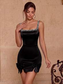 Elegant Thick Strap Handmade Rivet High Waist Bow Decor Camisole Mini Party Dress, Suitable For Graduation, Prom, Birthday, Wedding Guest, Cocktail Party - Black - View 1