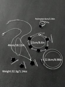 6件套女士幸运象首饰套装，包括手链、手镯、项链、耳环、戒指，适合作为情人节礼物、送给女友/母亲的礼物，黑色底色搭配花卉装饰，日常佩戴和节日送礼皆宜。 - 銀色 - 查看 6