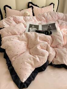 Pink Polka Dot Ruffle Edge 4-Piece Duvet Cover Set, Soft And Comfortable Bedroom Bedding, Ruffle Design, Breathable And Soft All-Season Bedding Set, Includes 1 Duvet Cover, 1 Bed Sheet, 2 Pillowcases, No Fill, Suitable For Dorm, Bedroom, Home Use, Multiple Size Options - Baby Pink - View 12
