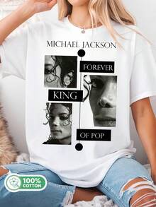 Unisex Cotton T-Shirt With Michaels Jackson "Forever King Of Pop" Graphic, Retro Style. - White - View 6