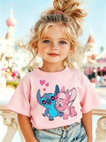 Girls' Disney Lilo & Stitch T-Shirt, Featuring Stitch And Angel Couple With Pink Hearts Print, Pink Casual Cotton Short Sleeve Tee For Fans And Everyday Wear, Ideal For Disney Trips And Valentine's Day - Hồng - Xem 2