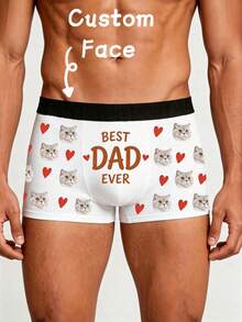 1pc Men's Customized Pet Face & "Best Dad Ever" Print White Boxer Briefs, Personalized Soft Underwear, Father's Day Gift - Multicolor - View 1