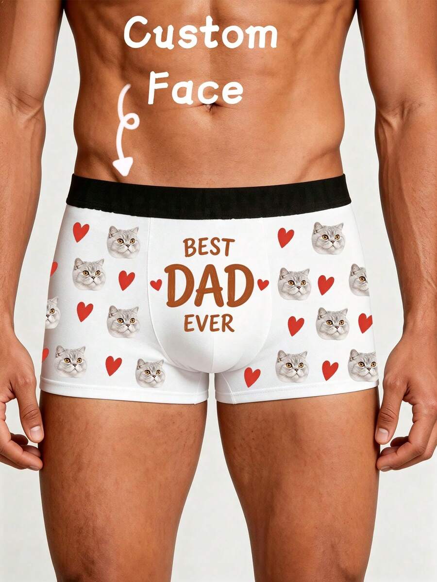 1pc Men's Customized Pet Face & "Best Dad Ever" Print White Boxer Briefs, Personalized Soft Underwear, Father's Day Gift - Multicolor - View 1